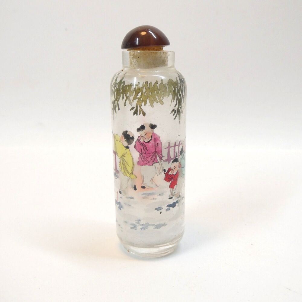 Snuff Bottle Handpainted Reverse Glass Chinese Vintage